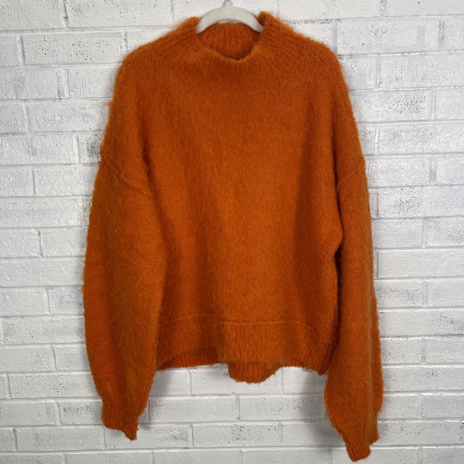 Free People Orange Brushed Knit Sweater Womens Size L Mock Neck Stretch
